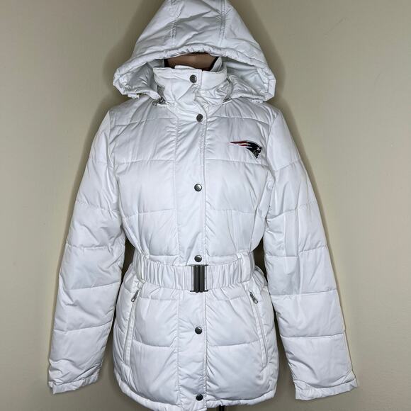 NFL New England Patriots Puffer Jacket Womens Medium Belted Hooded Fleece Parka - Picture 3 of 15